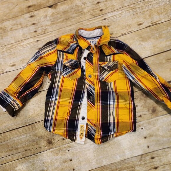 Guess boys size 3T yellow blue plaid button up shirt - Picture 1 of 2